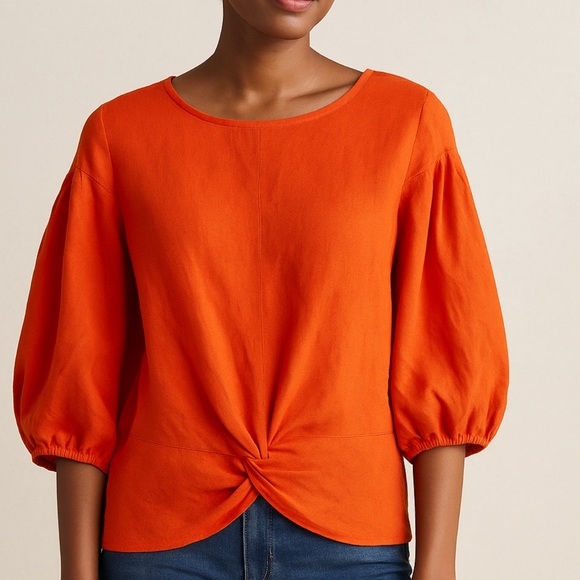 Marc New York Jeans Orange Linen Blend Puff Sleeve Knot Front Top Women’s Size L - Picture 1 of 9